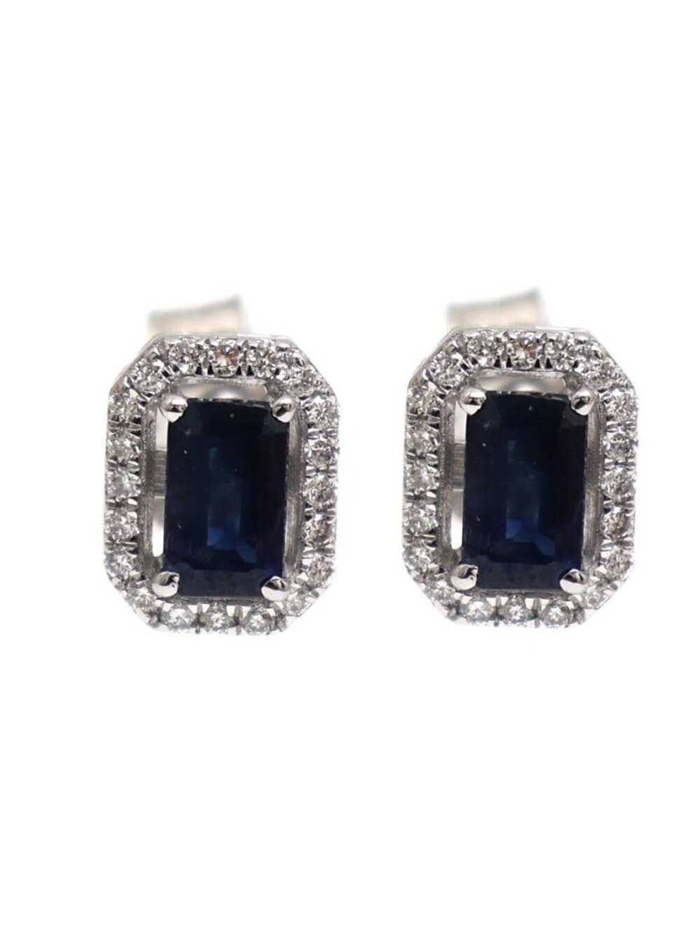 Blue Sapphire Emerald-Cut Natural Diamond Halo Stud Earrings in 18K White Gold